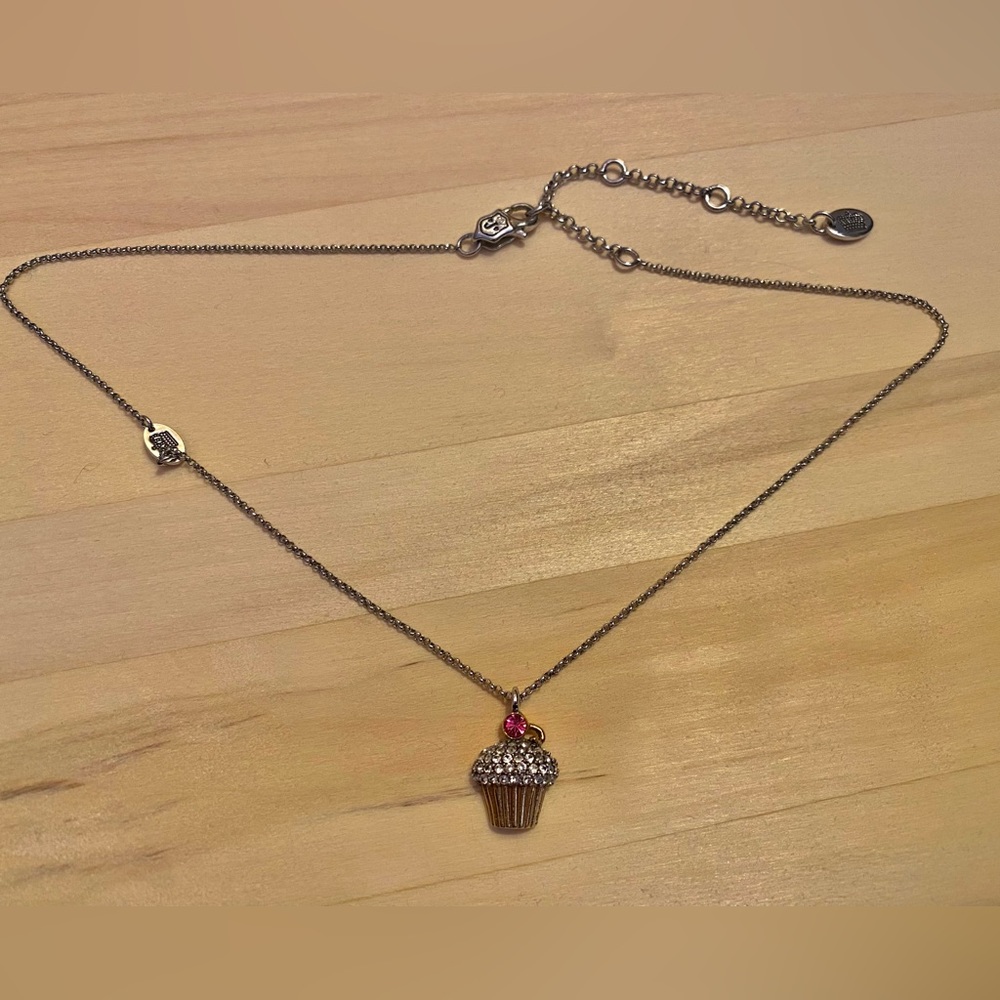 Juicy Couture Cupcake Charm Necklace clear little rhinestones. With a pink stone